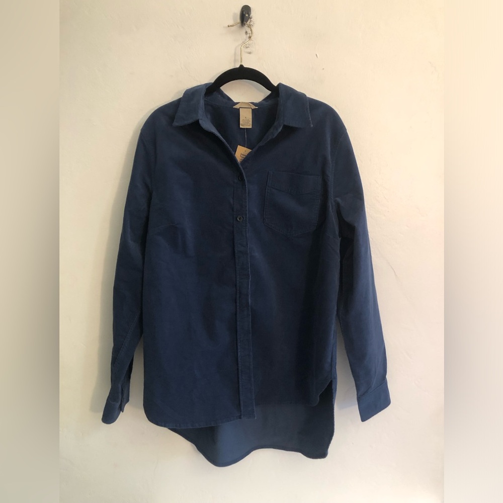 Duluth Trading Co Blue Corduroy Button Up Stretch Long Shirt Women’s Size L NWT